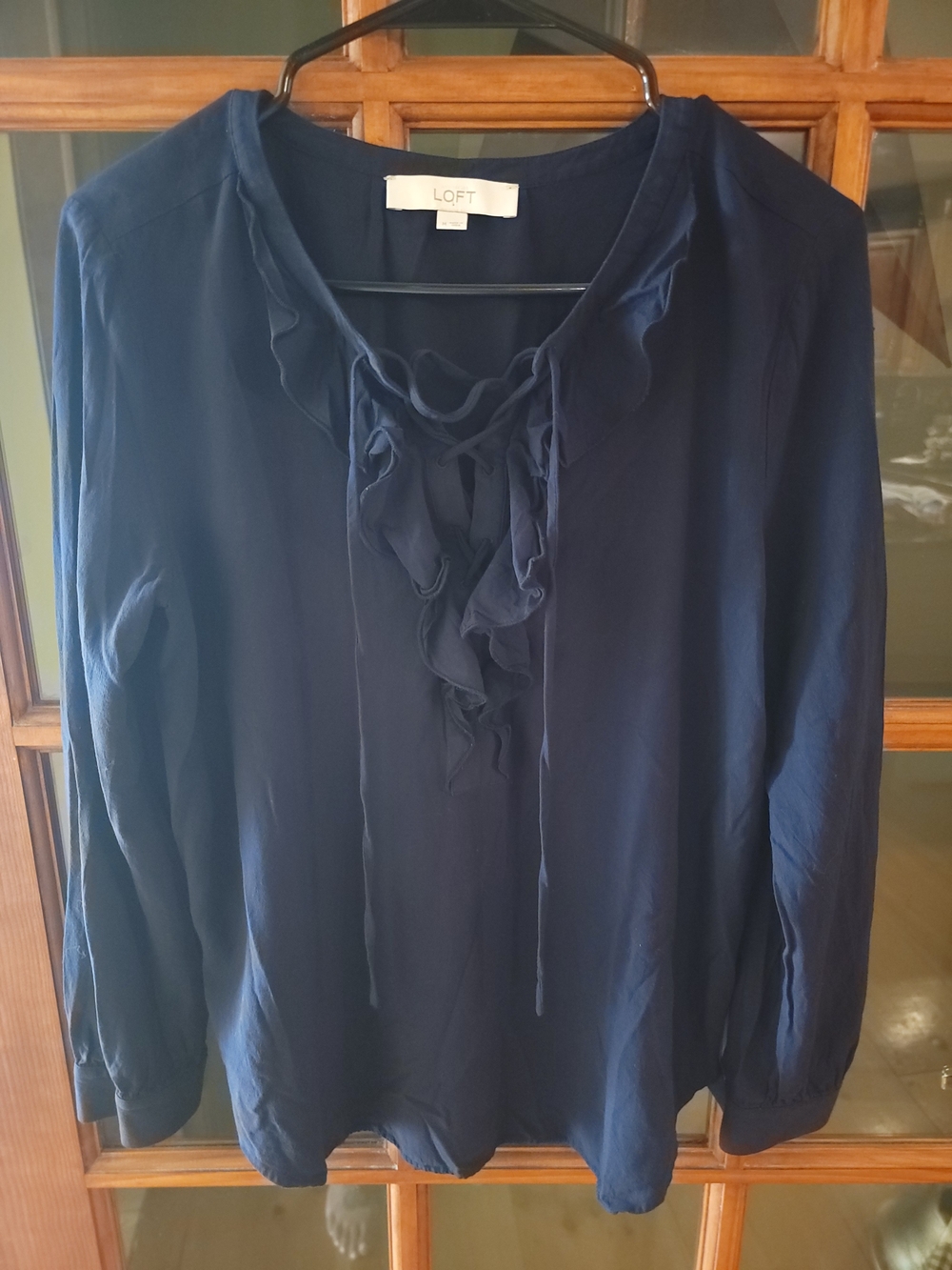 LOFT Navy Ruffle Tie-Front Blouse